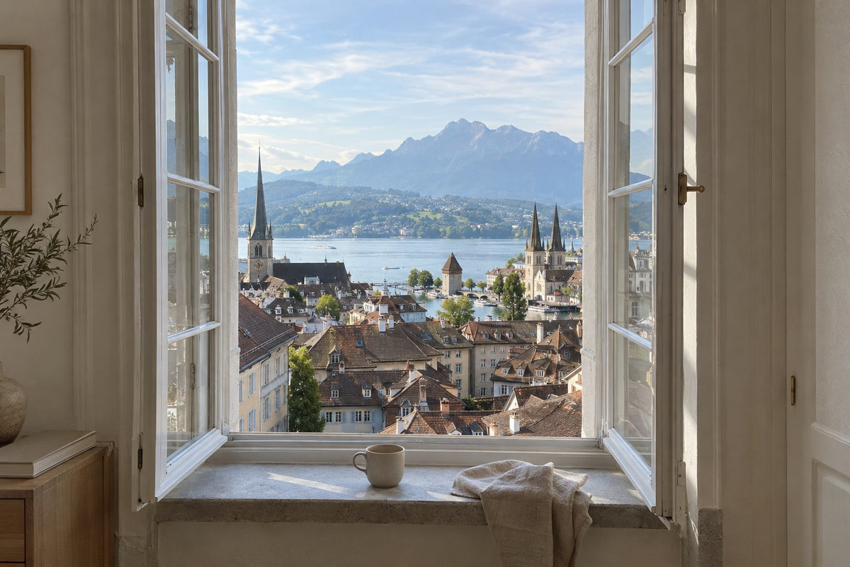 Blick aus einer Altbauwohnung über die Dächer der Luzerner Altstadt auf den See