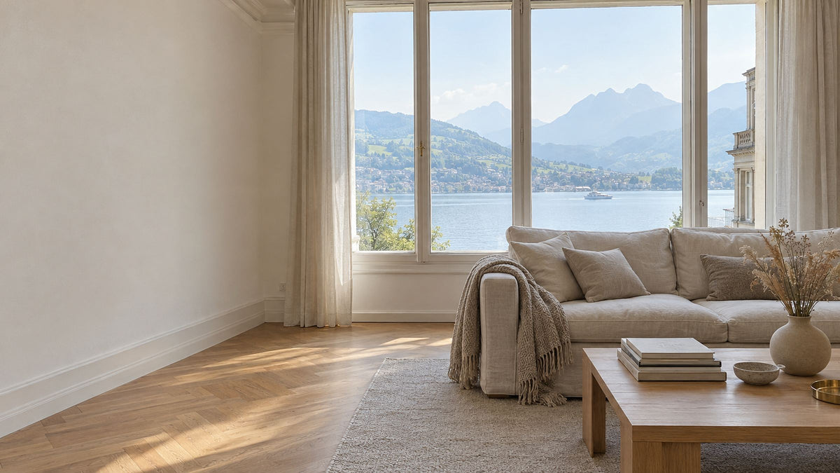 Helles Wohnzimmer in einer Luzerner Altbauwohnung mit Leinensofa, Eichentisch und Blick auf den Vierwaldstättersee