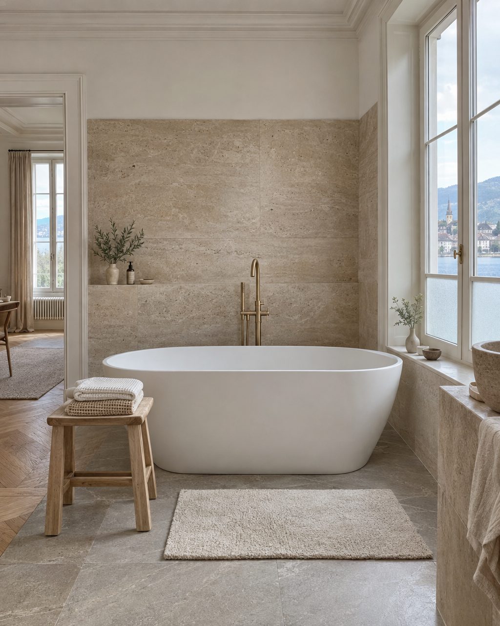 Badezimmer aus Travertin mit freistehender Wanne, Handtüchern und Badematte