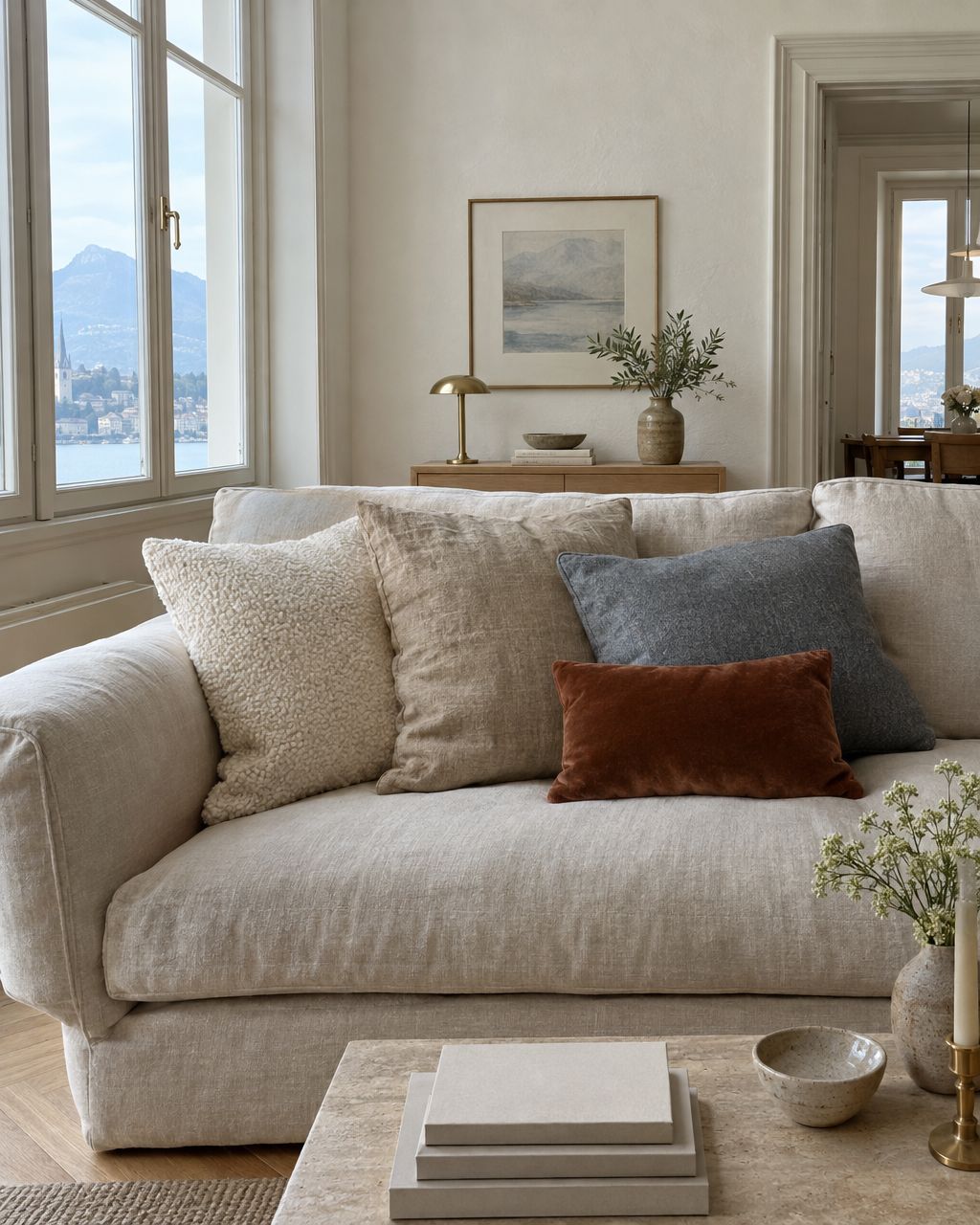 Leinensofa mit Kissen in Elfenbein, Sand und Seegrau