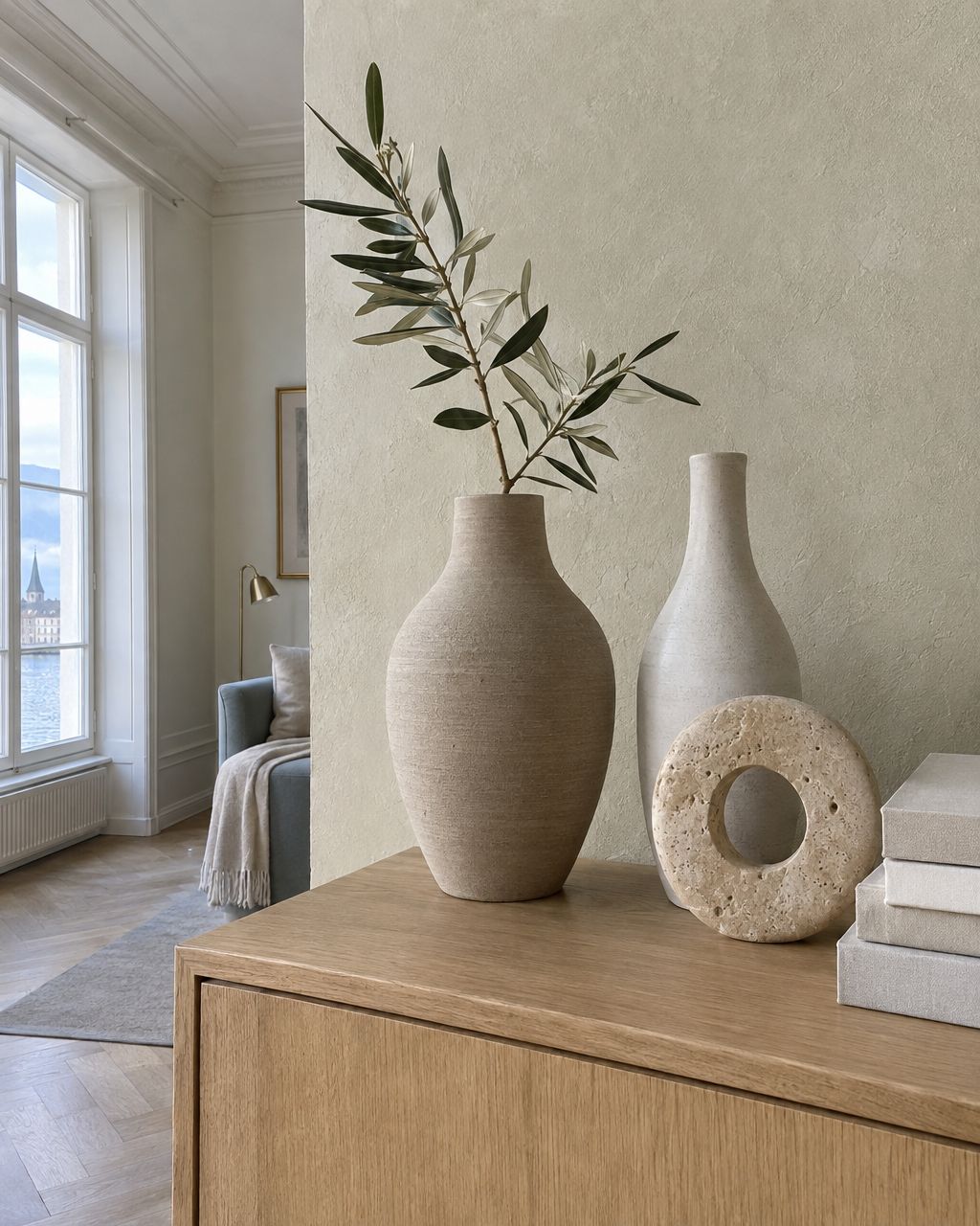 Eichensideboard mit Keramikvasen, Olivenzweig und Skulptur aus Travertin